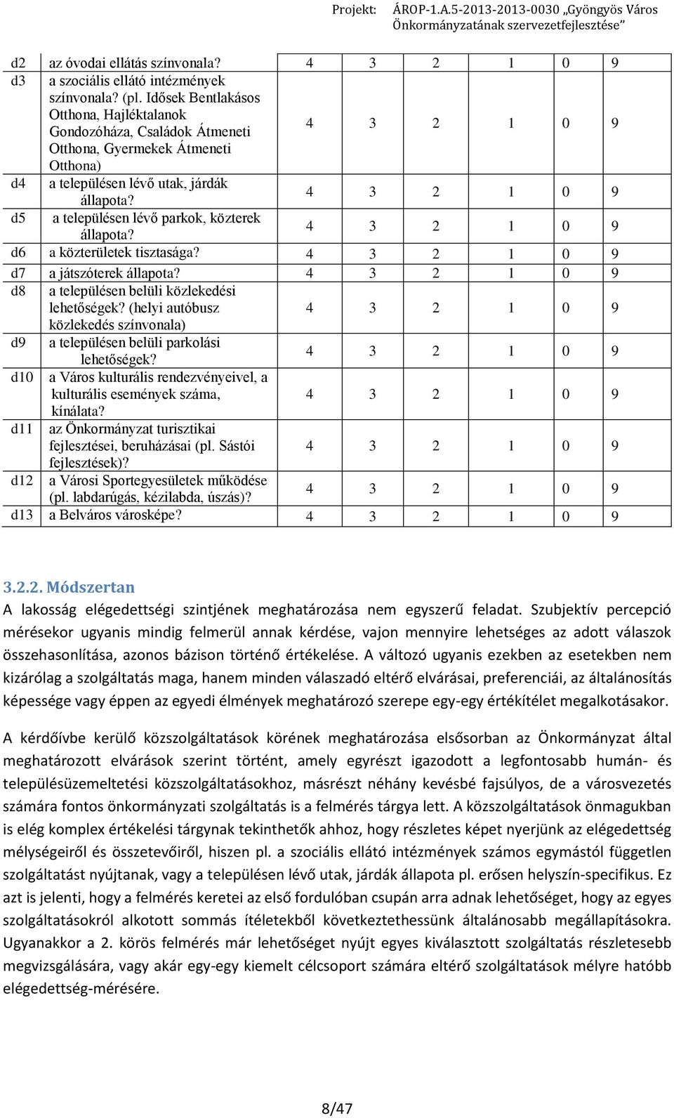 4 3 2 1 0 9 d5 a településen lévő parkok, közterek állapota? 4 3 2 1 0 9 d6 a közterületek tisztasága? 4 3 2 1 0 9 d7 a játszóterek állapota?