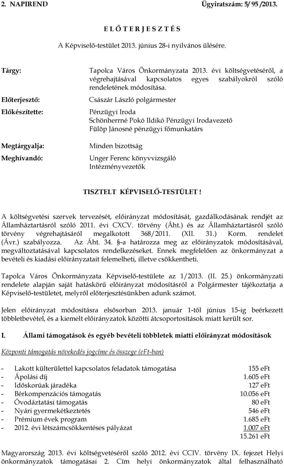 Császár László polgármester Pénzügyi Iroda Schönherrné Pokó Ildikó Pénzügyi Irodavezető Fülöp Jánosné pénzügyi főmunkatárs Minden bizottság Unger Ferenc könyvvizsgáló Intézményvezetők TISZTELT