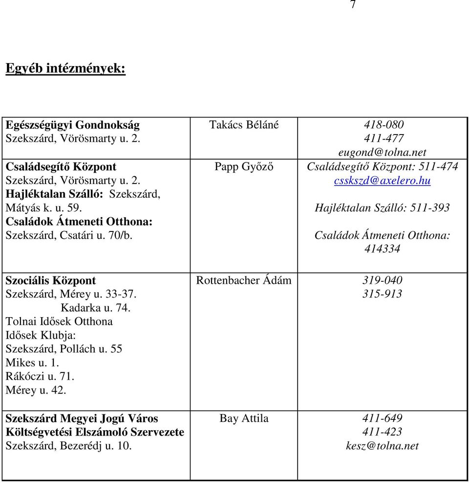 55 Mikes u. 1. Rákóczi u. 71. Mérey u. 42. Város Költségvetési Elszámoló Szervezete Szekszárd, Bezerédj u. 10. Takács Béláné 418-080 411-477 eugond@tolna.