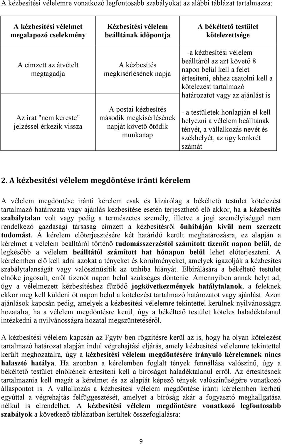 kötelezettsége -a kézbesítési vélelem beálltáról az azt követő 8 napon belül kell a felet értesíteni, ehhez csatolni kell a kötelezést tartalmazó határozatot vagy az ajánlást is - a testületek