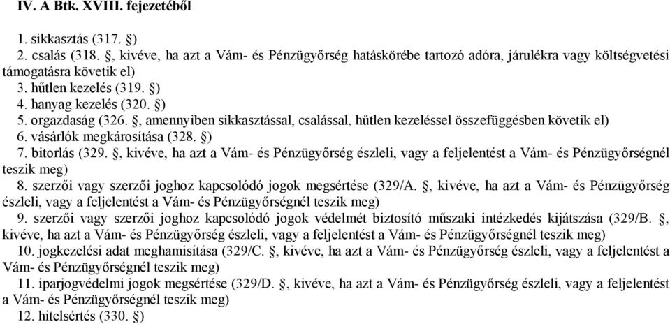 bitorlás (329., kivéve, ha azt a Vám- és Pénzügyőrség észleli, vagy a feljelentést a Vám- és Pénzügyőrségnél teszik meg) 8. szerzői vagy szerzői joghoz kapcsolódó jogok megsértése (329/A.