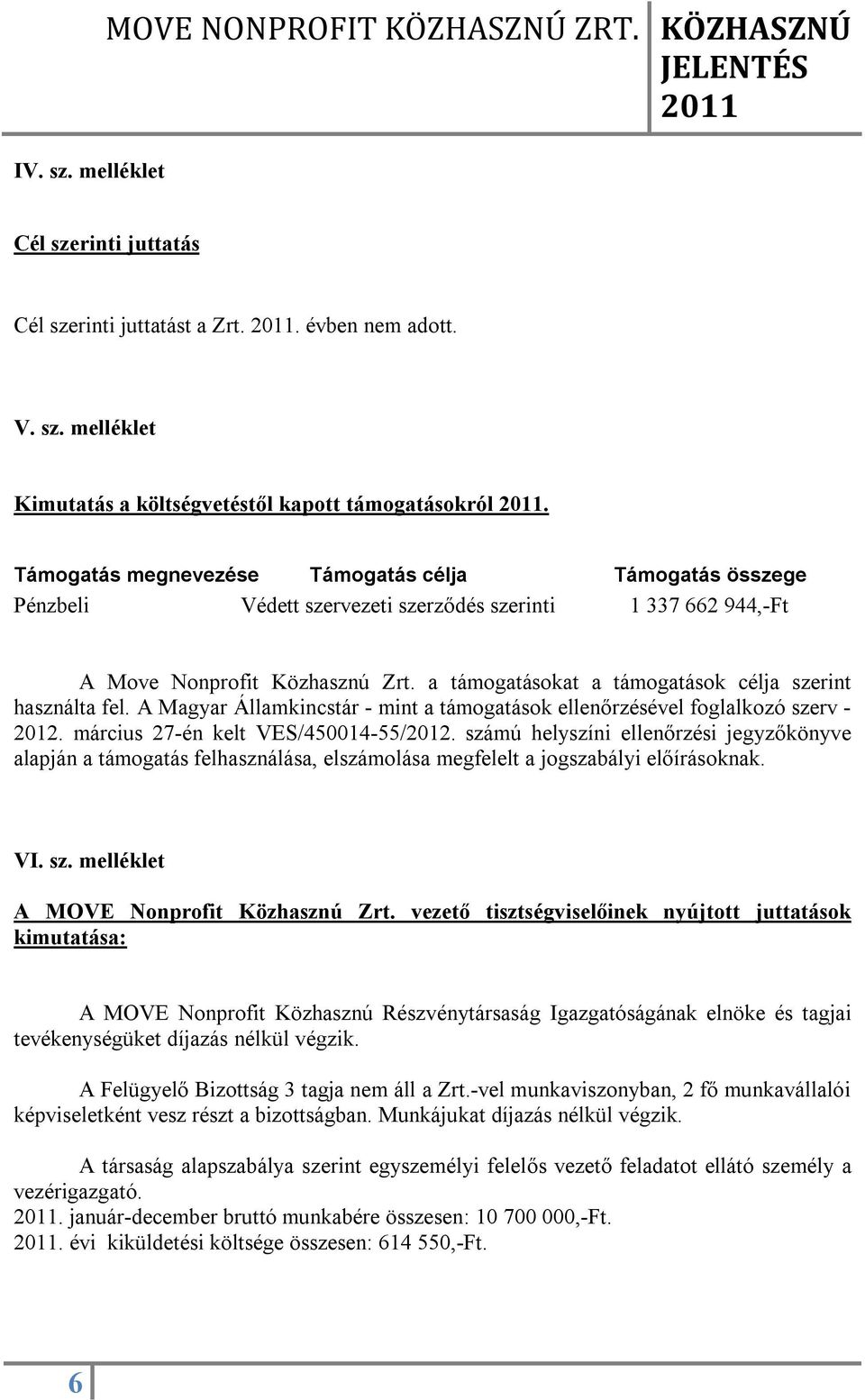 a támogatásokat a támogatások célja szerint használta fel. A Magyar Államkincstár - mint a támogatások ellenőrzésével foglalkozó szerv - 2012. március 27-én kelt VES/450014-55/2012.