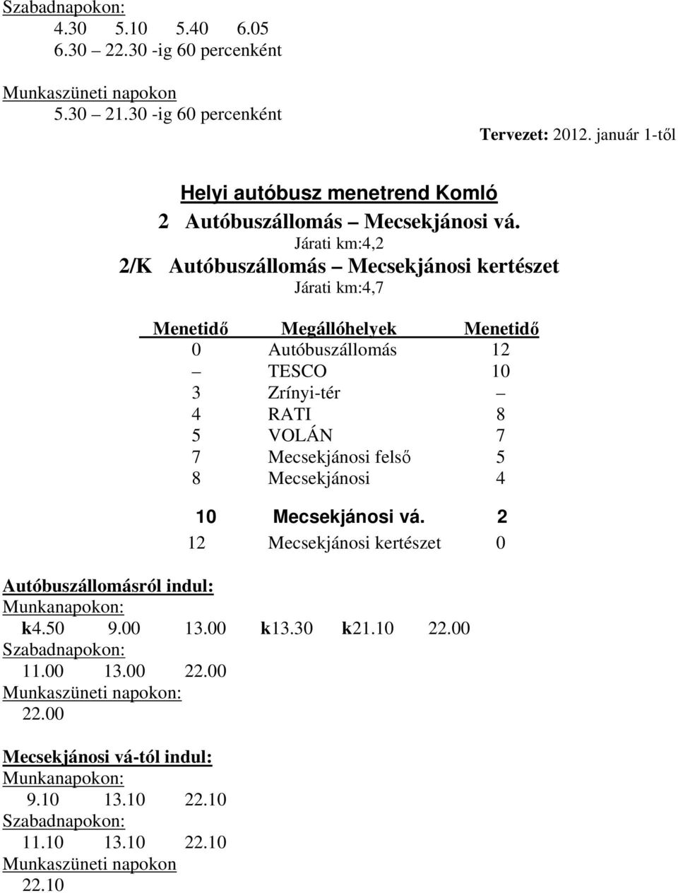 Járati km:4,2 2/K Autóbuszállomás Mecsekjánosi kertészet Járati km:4,7 Menetidı Megállóhelyek Menetidı 0 Autóbuszállomás 12 TESCO 10 3 Zrínyi-tér 4 RATI 8 5 VOLÁN 7 7 Mecsekjánosi