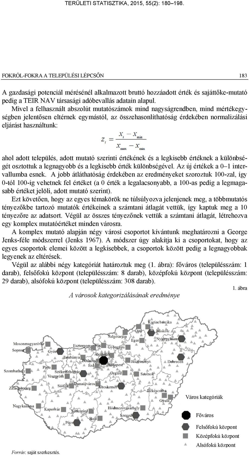 település, adott mutató szerinti értékének és a legkisebb értéknek a különbségét osztottuk a legnagyobb és a legkisebb érték különbségével. Az új értékek a 0 1 intervallumba esnek.