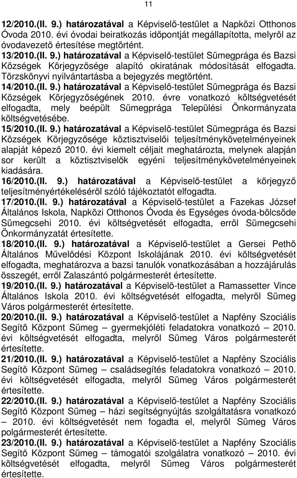 évre vonatkozó költségvetését elfogadta, mely beépült Sümegprága Települési Önkormányzata költségvetésébe. 15/2010.(II. 9.