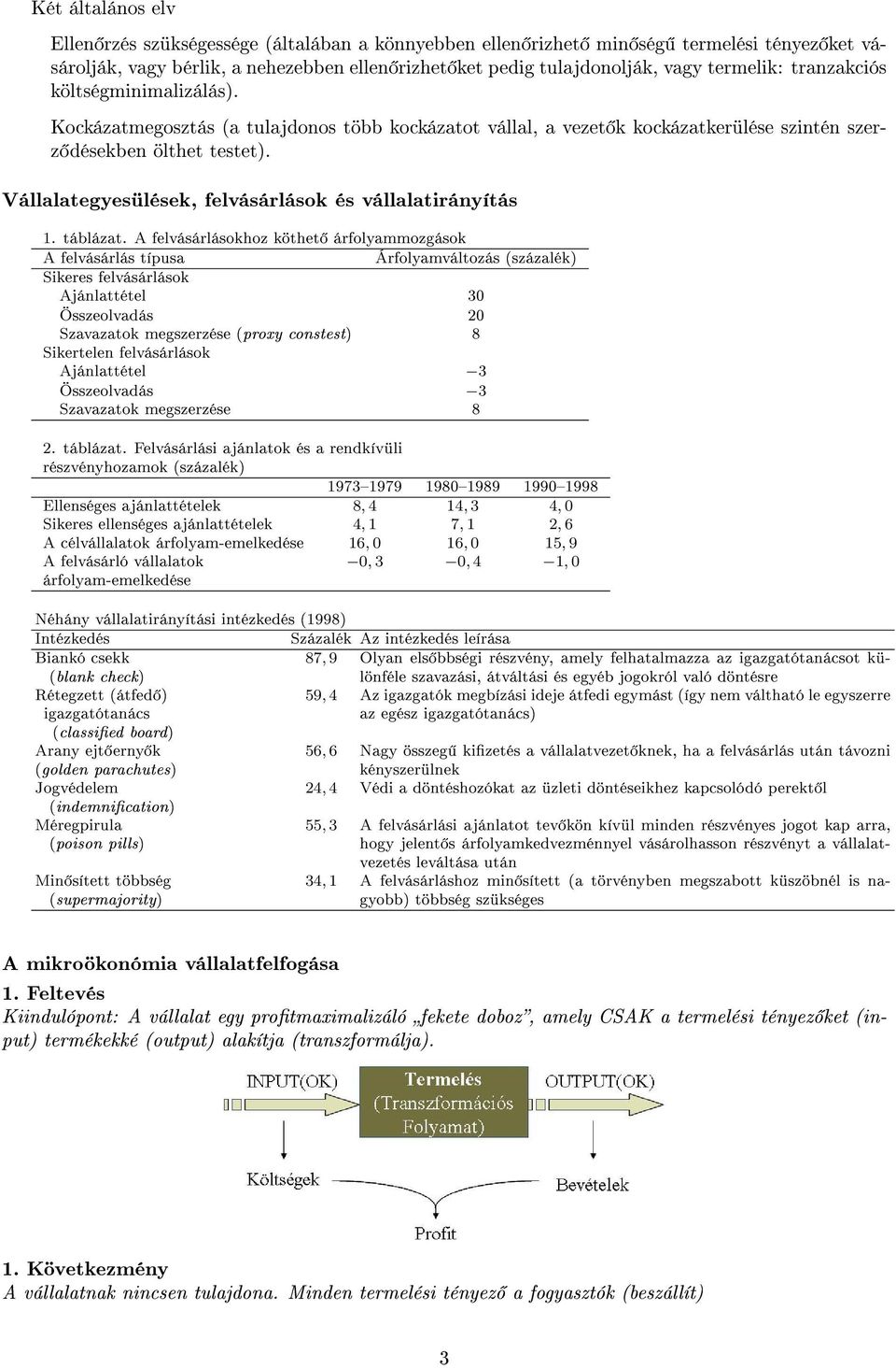 Vállalategyesülések, felvásárlások és vállalatirányítás 1. táblázat.