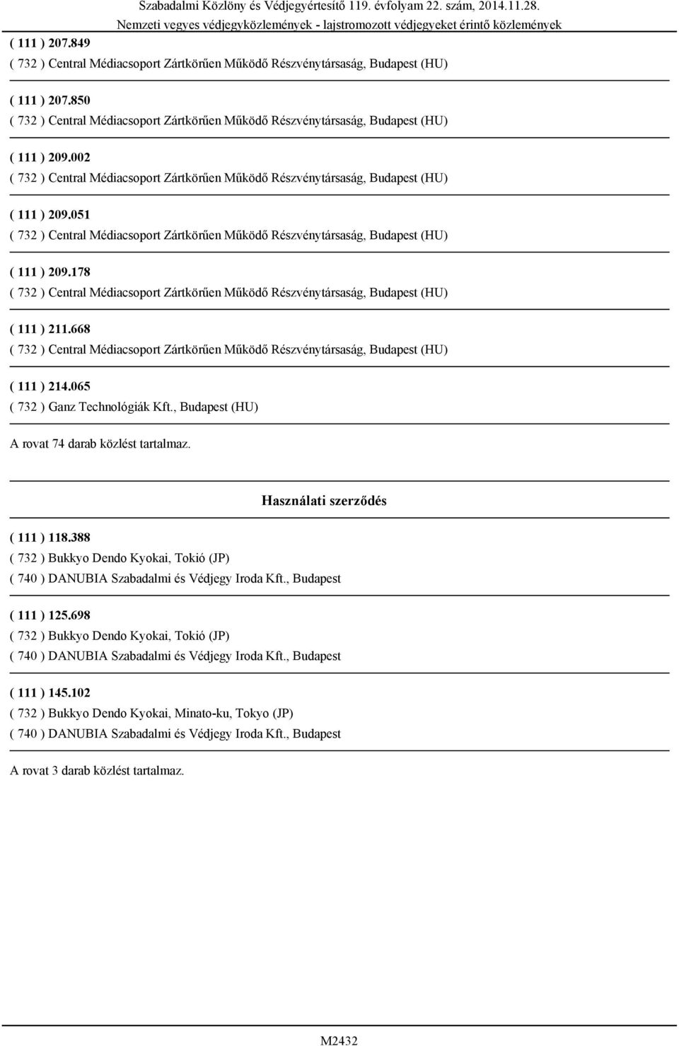 388 ( 732 ) Bukkyo Dendo Kyokai, Tokió (JP) ( 740 ) DANUBIA Szabadalmi és Védjegy Iroda Kft., Budapest ( 111 ) 125.