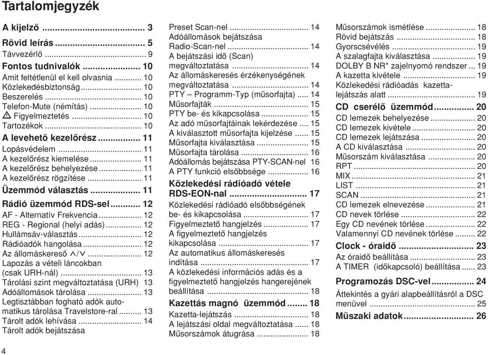 .. 11 Rádió üzemmód RDS-sel... 12 AF - Alternatív Frekvencia... 12 REG - Regional (helyi adás)... 12 Hullámsáv-választás... 12 Rádióadók hangolása... 12 Az állomáskeresœ /.