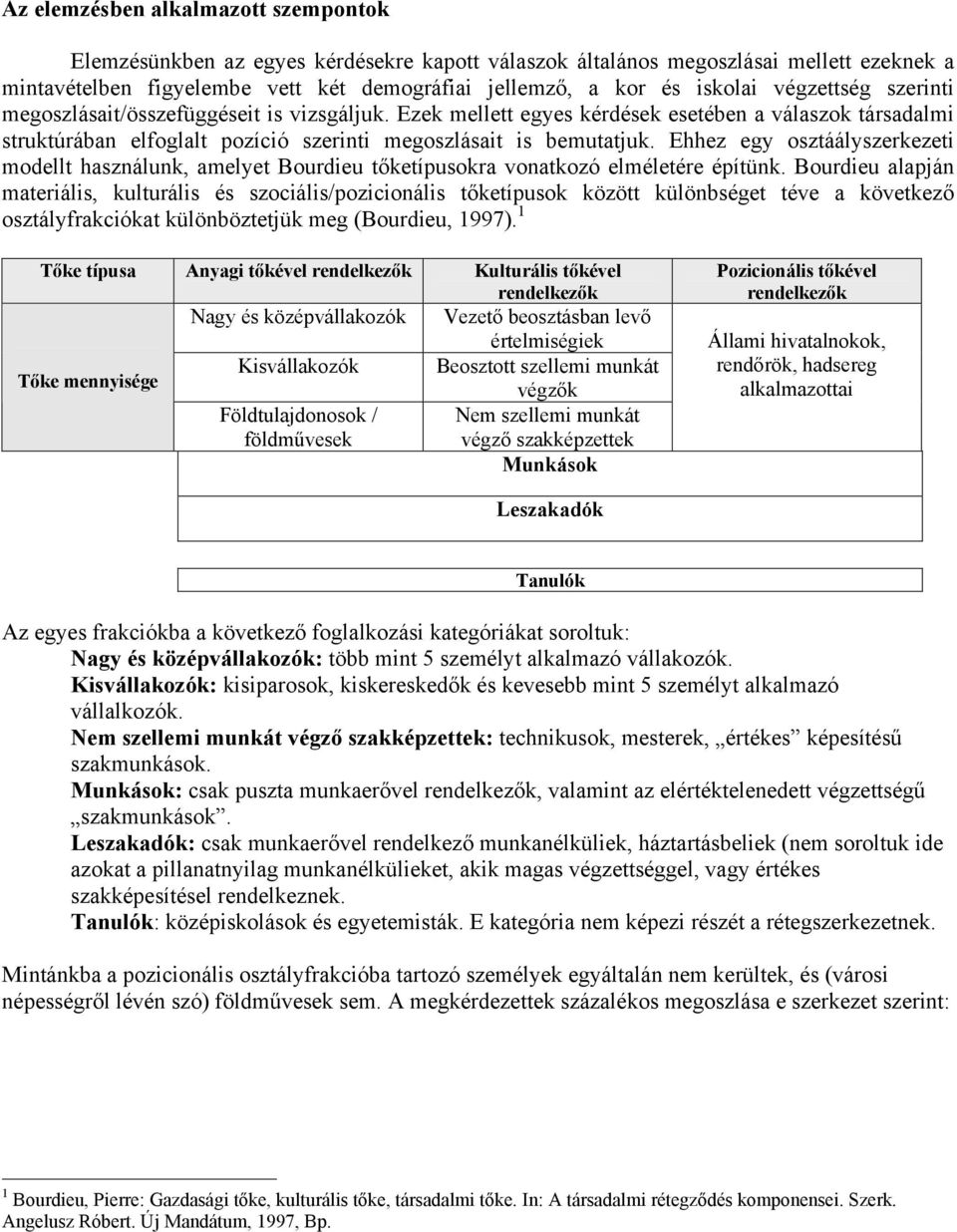 Ehhez egy osztáályszerkezeti modellt használunk, amelyet Bourdieu tőketípusokra vonatkozó elméletére építünk.