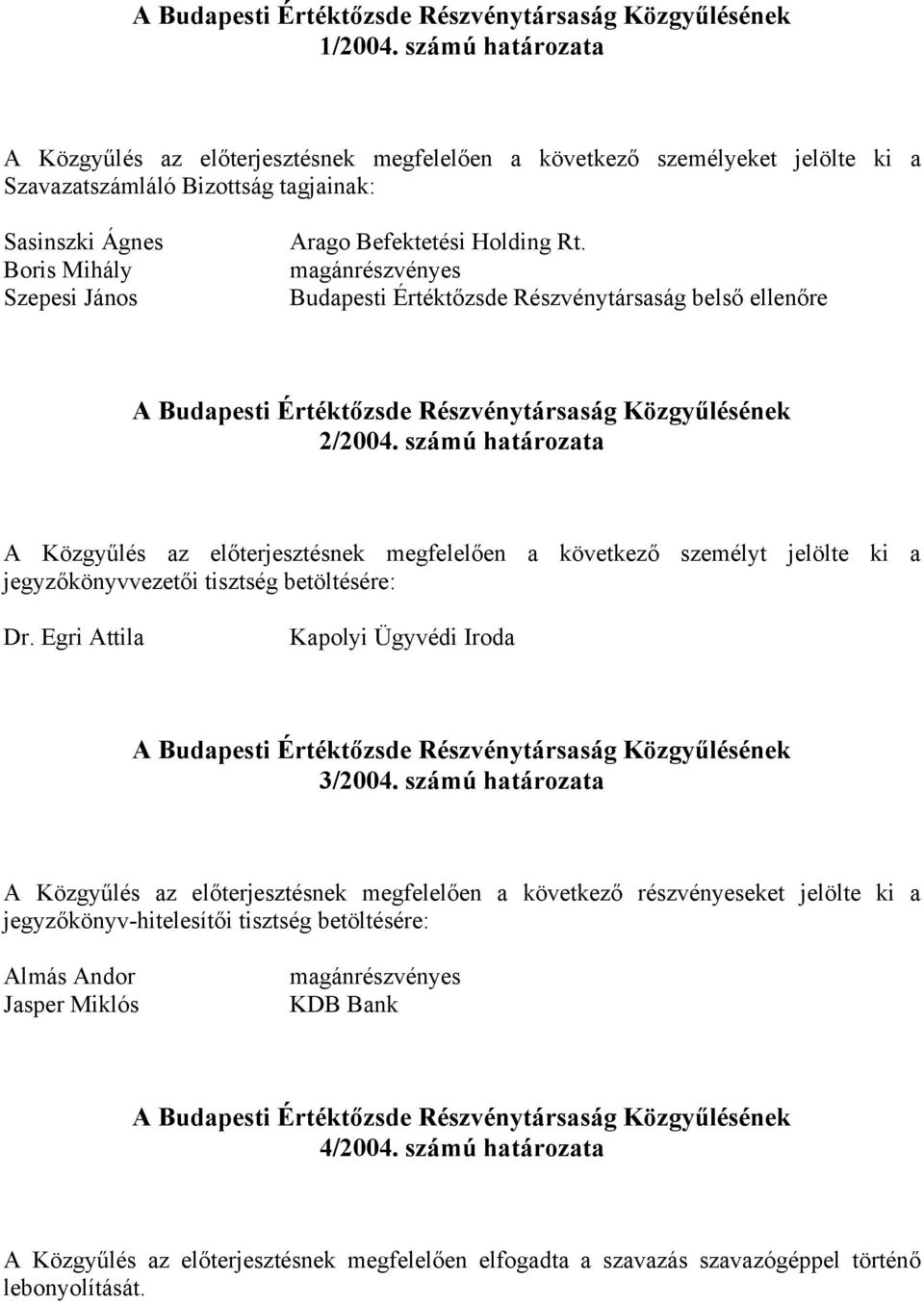 Holding Rt. magánrészvényes Budapesti Értéktőzsde Részvénytársaság belső ellenőre 2/2004.