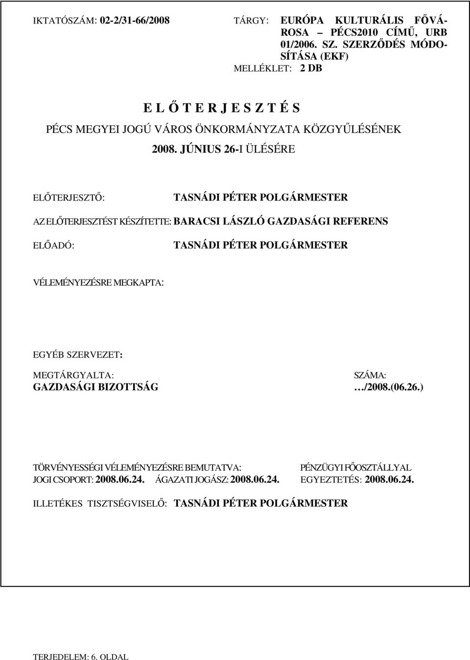 JÚNIUS 26-I ÜLÉSÉRE ELŐTERJESZTŐ: TASNÁDI PÉTER POLGÁRMESTER AZ ELŐTERJESZTÉST KÉSZÍTETTE: BARACSI LÁSZLÓ GAZDASÁGI REFERENS ELŐADÓ: TASNÁDI PÉTER POLGÁRMESTER