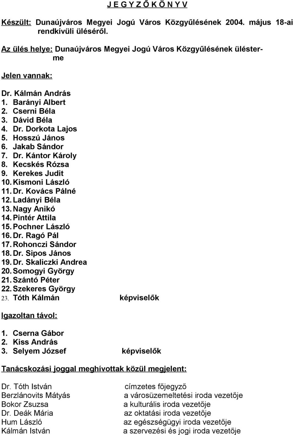 Ladányi Béla 13. Nagy Anikó 14. Pintér Attila 15. Pochner László 16.Dr. Ragó Pál 17. Rohonczi Sándor 18. Dr. Sipos János 19. Dr. Skaliczki Andrea 20. Somogyi György 21. Szántó Péter 22.