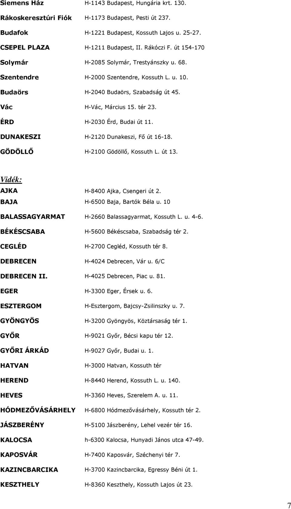 ÉRD H-2030 Érd, Budai út 11. DUNAKESZI H-2120 Dunakeszi, Fı út 16-18. GÖDÖLLİ H-2100 Gödöllı, Kossuth L. út 13. Vidék: AJKA H-8400 Ajka, Csengeri út 2. BAJA H-6500 Baja, Bartók Béla u.