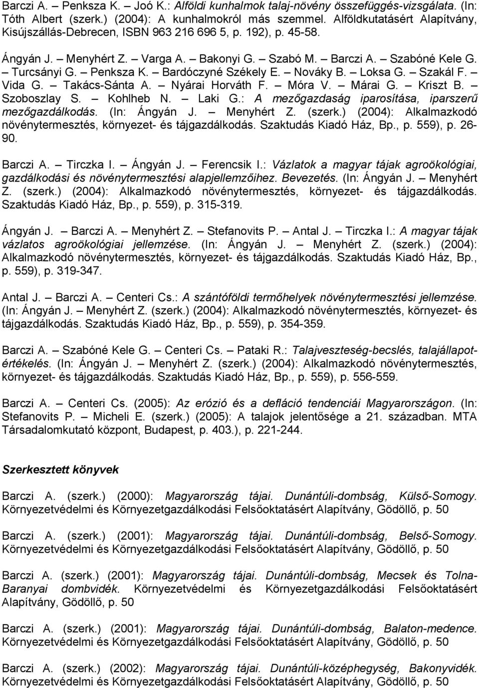 Bardóczyné Székely E. Nováky B. Loksa G. Szakál F. Vida G. Takács-Sánta A. Nyárai Horváth F. Móra V. Márai G. Kriszt B. Szoboszlay S. Kohlheb N. Laki G.