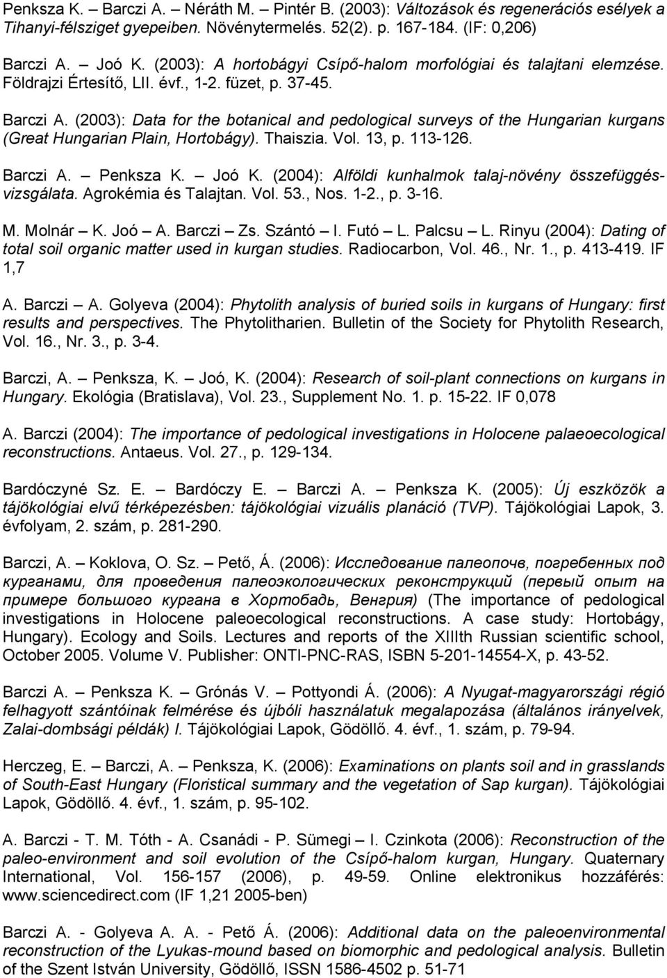 (2003): Data for the botanical and pedological surveys of the Hungarian kurgans (Great Hungarian Plain, Hortobágy). Thaiszia. Vol. 13, p. 113-126. Barczi A. Penksza K. Joó K.