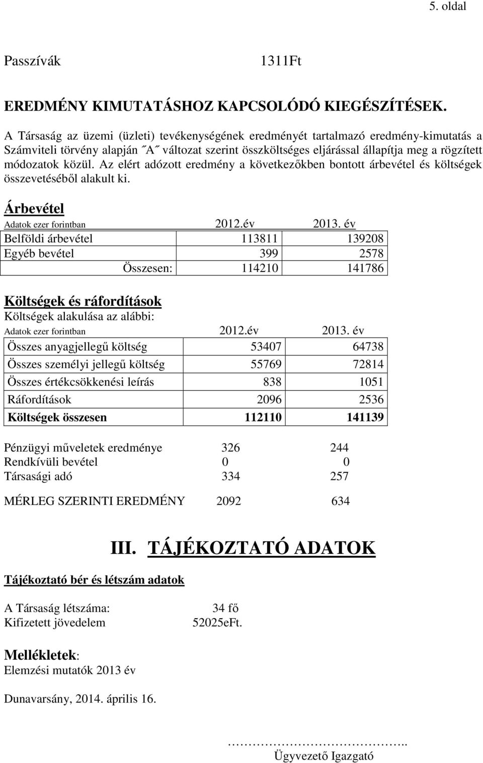 közül. Az elért adózott eredmény a következőkben bontott árbevétel és költségek összevetéséből alakult ki. Árbevétel Adatok ezer forintban 2012.év 2013.