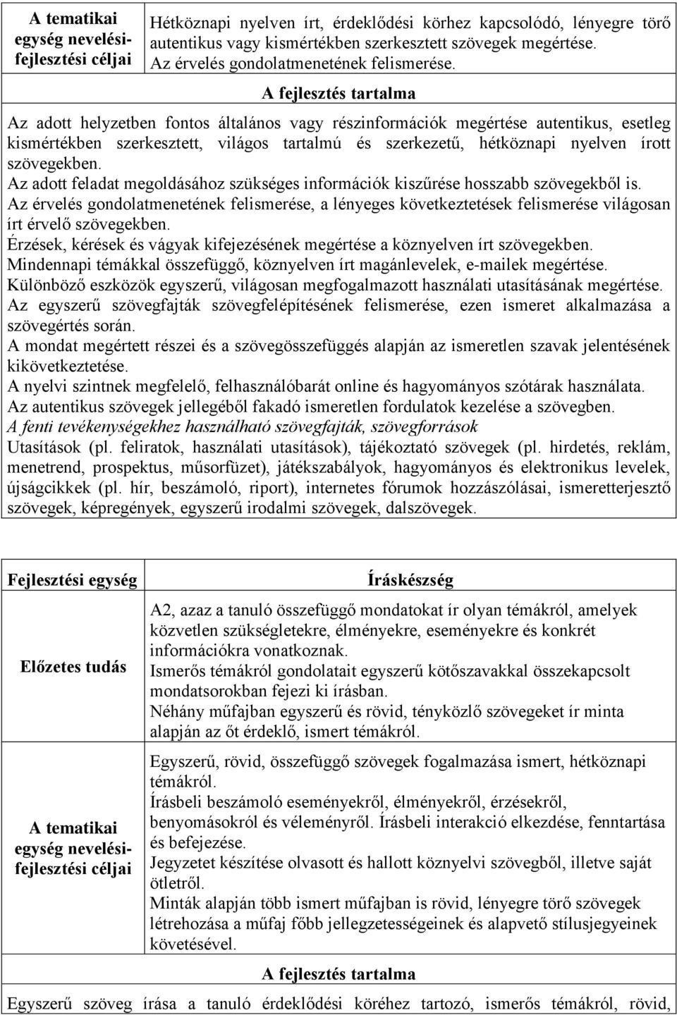 A fejlesztés tartalma Az adott helyzetben fontos általános vagy részinformációk megértése autentikus, esetleg kismértékben szerkesztett, világos tartalmú és szerkezetű, hétköznapi nyelven írott