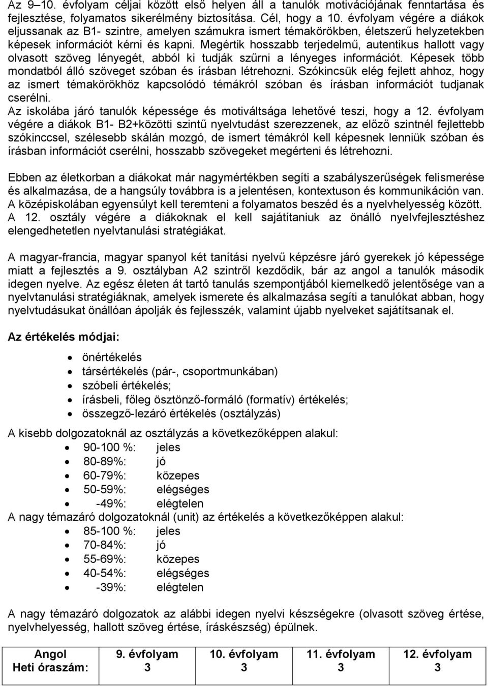 Megértik hosszabb terjedelmű, autentikus hallott vagy olvasott szöveg lényegét, abból ki tudják szűrni a lényeges információt. Képesek több mondatból álló szöveget szóban és írásban létrehozni.