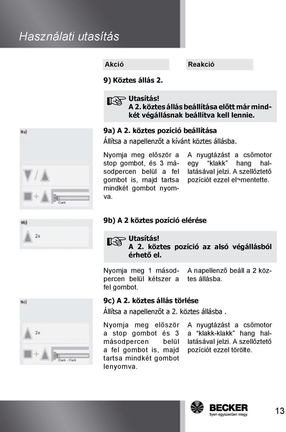 A szellőztető pozíciót ezzel el mentette. 9b) A 2 köztes pozíció elérése A 2. köztes pozíció az alsó végállásból érhető el. Nyomja meg 1 másodpercen belül kétszer a fel gombot.