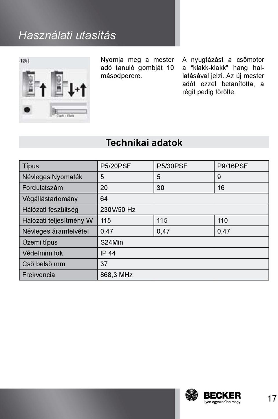 Technikai adatok Típus P5/20PSF P5/30PSF P9/16PSF Névleges Nyomaték 5 5 9 Fordulatszám 20 30 16 Végállástartomány 64