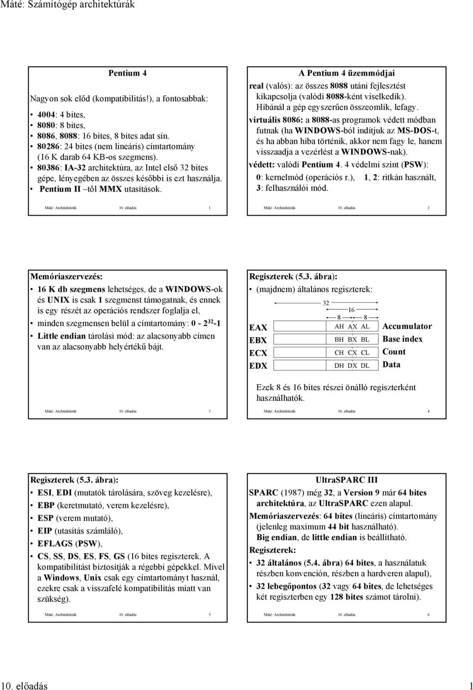 gépe, lényegében az összes későbbi is ezt használja Pentium II től MMX ok A Pentium 4 üzemmódjai real valós): az összes 888 utáni fejlesztést kikapcsolja valódi 888-ként viselkedik) Hibánál a gép