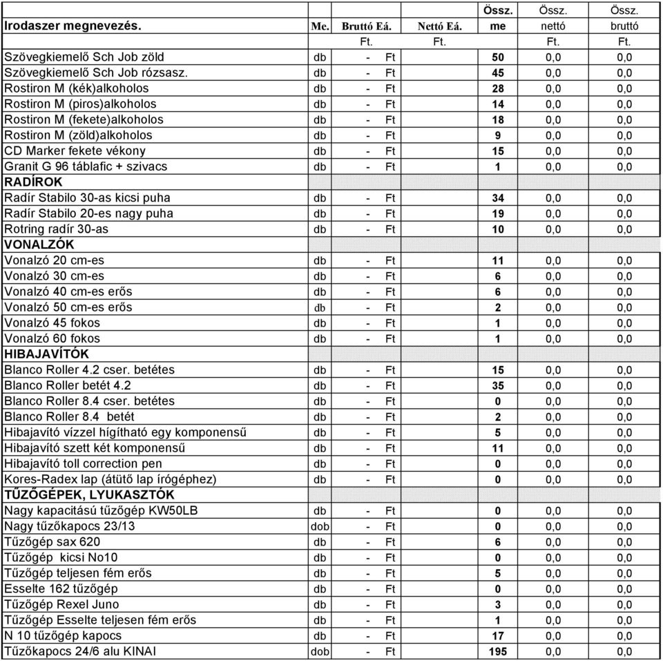 0,0 CD Marker fekete vékony db - Ft 15 0,0 0,0 Granit G 96 táblafic + szivacs db - Ft 1 0,0 0,0 RADÍROK Radír Stabilo 30-as kicsi puha db - Ft 34 0,0 0,0 Radír Stabilo 20-es nagy puha db - Ft 19 0,0