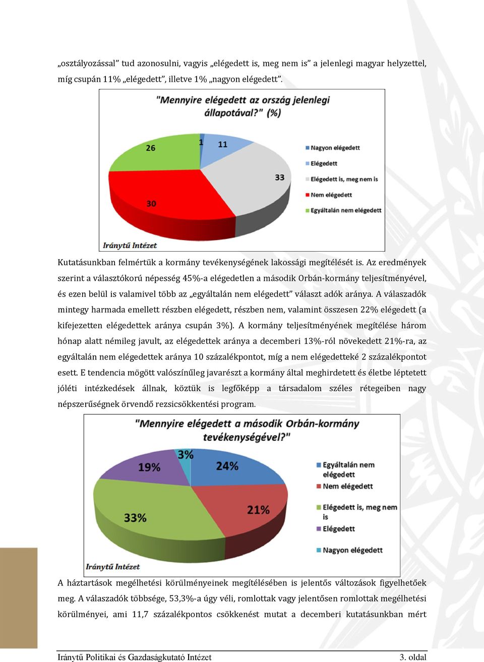 Az eredmények szerint a választókorú népesség 45%-a elégedetlen a második Orbán-kormány teljesítményével, és ezen belül is valamivel több az egyáltalán nem elégedett választ adók aránya.