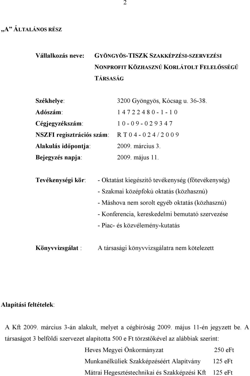 Tevékenységi kör: - Oktatást kiegészítő tevékenység (főtevékenység) - Szakmai középfokú oktatás (közhasznú) - Máshova nem sorolt egyéb oktatás (közhasznú) - Konferencia, kereskedelmi bemutató