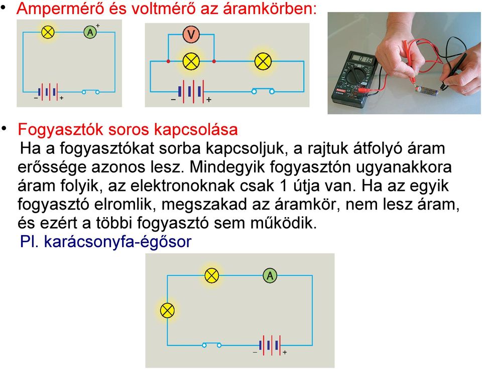 Mindegyik fogyasztón ugyanakkora áram folyik, az elektronoknak csak 1 útja van.