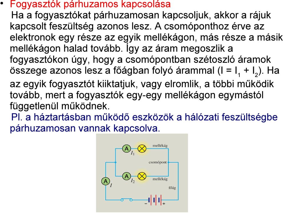 Így az áram megoszlik a fogyasztókon úgy, hogy a csomópontban szétoszló áramok összege azonos lesz a főágban folyó árammal (I = I 1 + I 2 ).