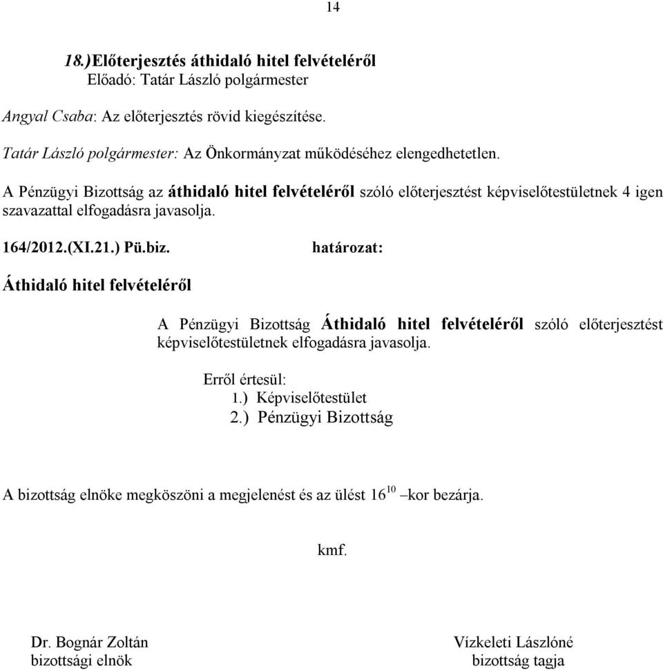 A Pénzügyi Bizottság az áthidaló hitel felvételéről szóló előterjesztést képviselőtestületnek 4 igen szavazattal elfogadásra javasolja. 164/2012.(XI.21.) Pü.