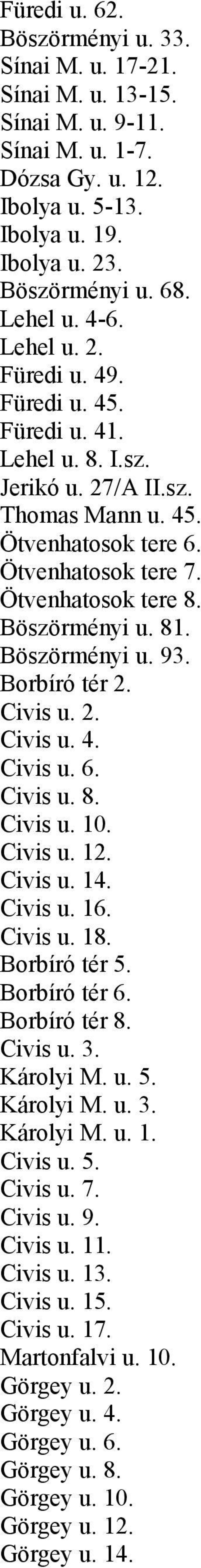 Böszörményi u. 93. Borbíró tér 2. Civis u. 2. Civis u. 4. Civis u. 6. Civis u. 8. Civis u. 10. Civis u. 12. Civis u. 14. Civis u. 16. Civis u. 18. Borbíró tér 5. Borbíró tér 6. Borbíró tér 8. Civis u. 3.
