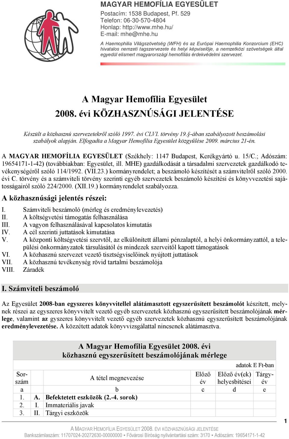 hemofíliás érdekvédelmi szervezet. A Magyar Hemofília Egyesület 2008. évi KÖZHASZNÚSÁGI JELENTÉSE Készült a közhasznú szervezetekről szóló 1997. évi CLVI. törvény 19.