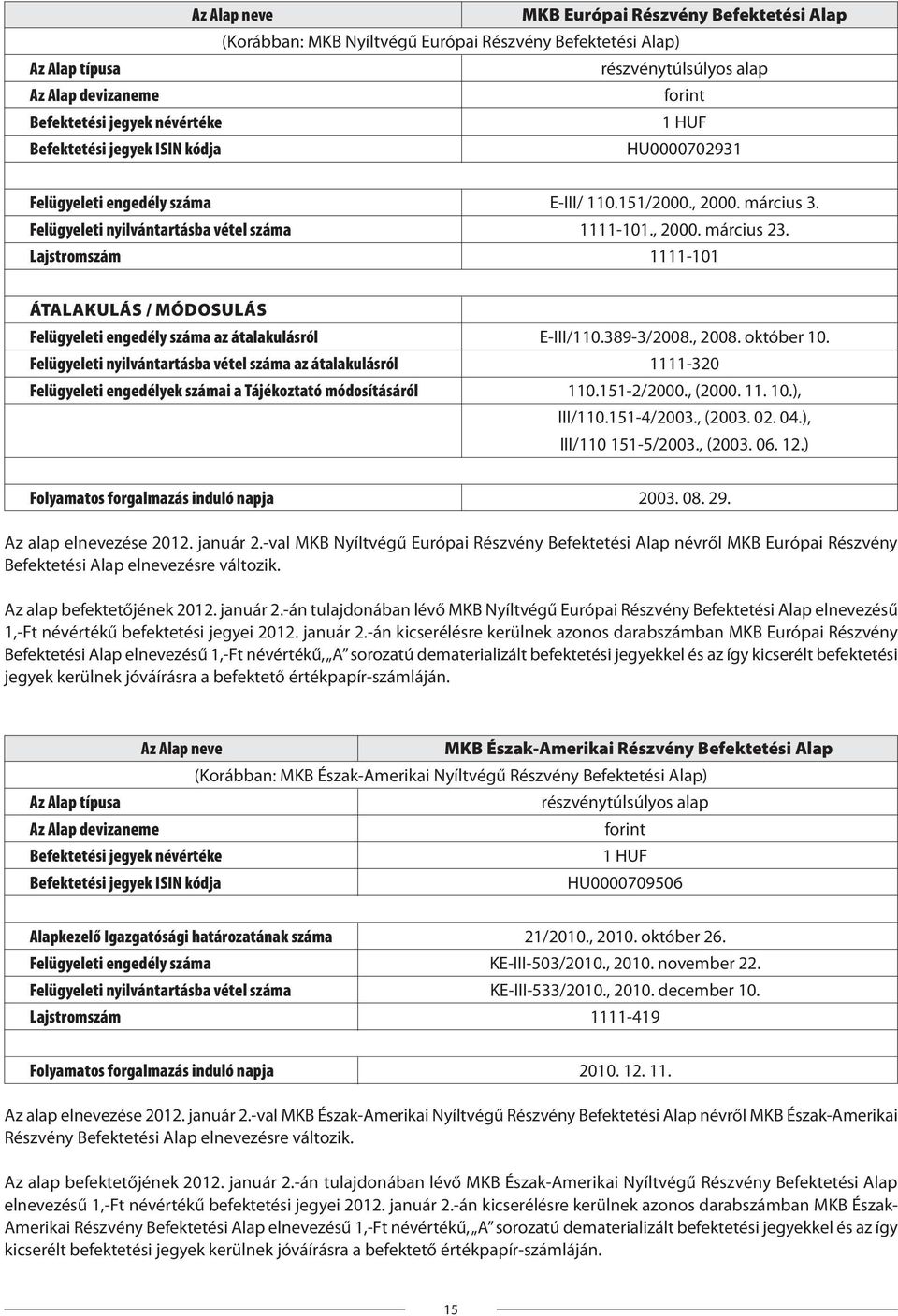Lajstromszám 1111-101 ÁTALAKULÁS / MÓDOSULÁS Felügyeleti engedély száma az átalakulásról E-III/110.389-3/2008., 2008. október 10.