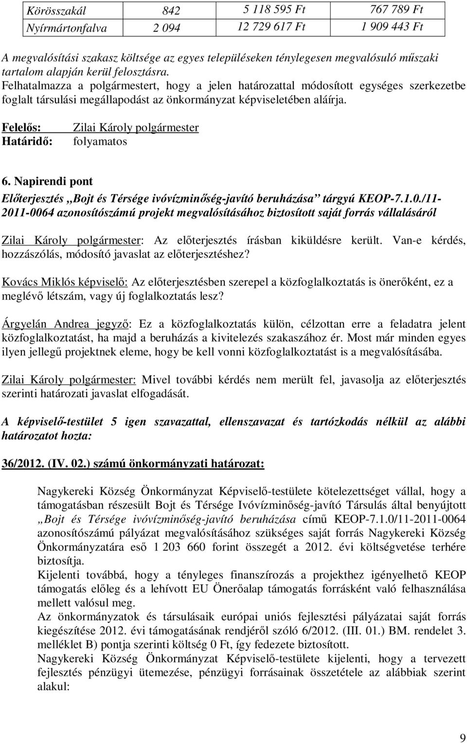Felelős: Határidő: Zilai Károly polgármester folyamatos 6. Napirendi pont Előterjesztés Bojt és Térsége ivóvízminőség-javító beruházása tárgyú KEOP-7.1.0.
