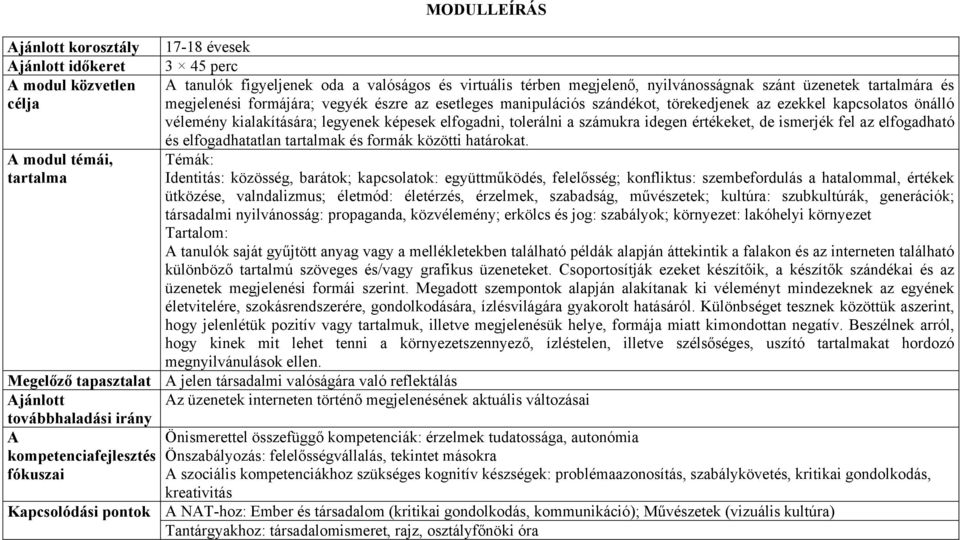 számukra idegen értékeket, de ismerjék fel az elfogadható és elfogadhatatlan tartalmak és formák közötti határokat.