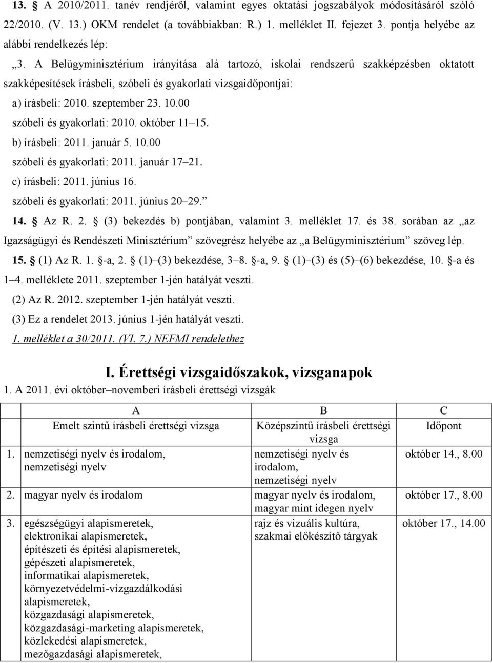 A Belügyminisztérium irányítása alá tartozó, iskolai rendszerű szakképzésben oktatott szakképesítések írásbeli, szóbeli és gyakorlati vizsgaidőpontjai: a) írásbeli: 2010. szeptember 23. 10.