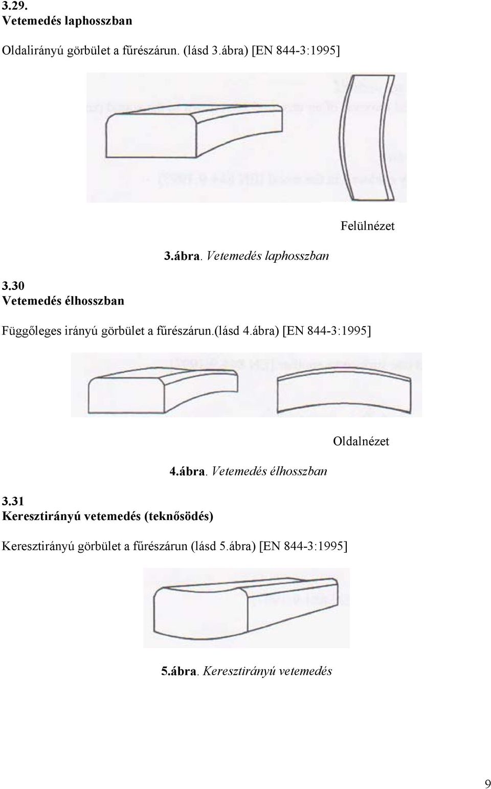 30 Vetemedés élhosszban Függőleges irányú görbület a fűrészárun.(lásd 4.ábra) [EN 844-3:1995] 3.