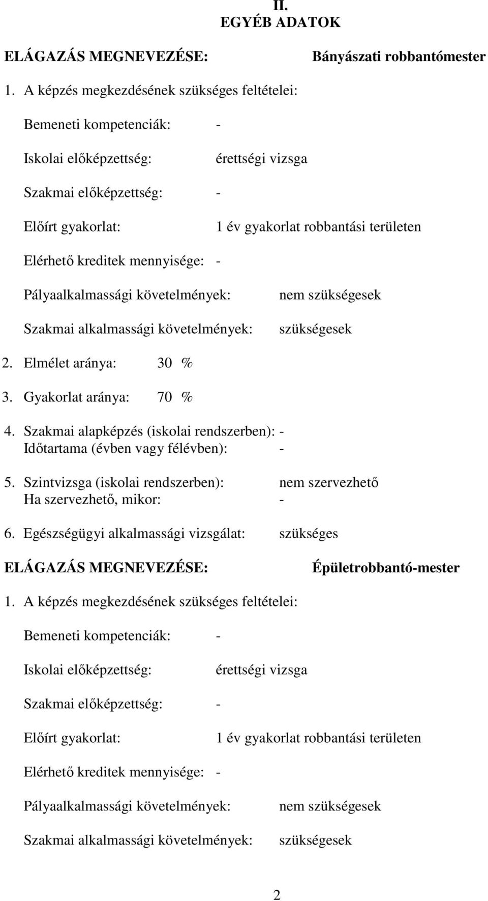 kreditek mennyisége: - Pályaalkalmassági követelmények: Szakmai alkalmassági követelmények: nem szükségesek szükségesek 2. Elmélet aránya: 30 % 3. Gyakorlat aránya: 70 % 4.