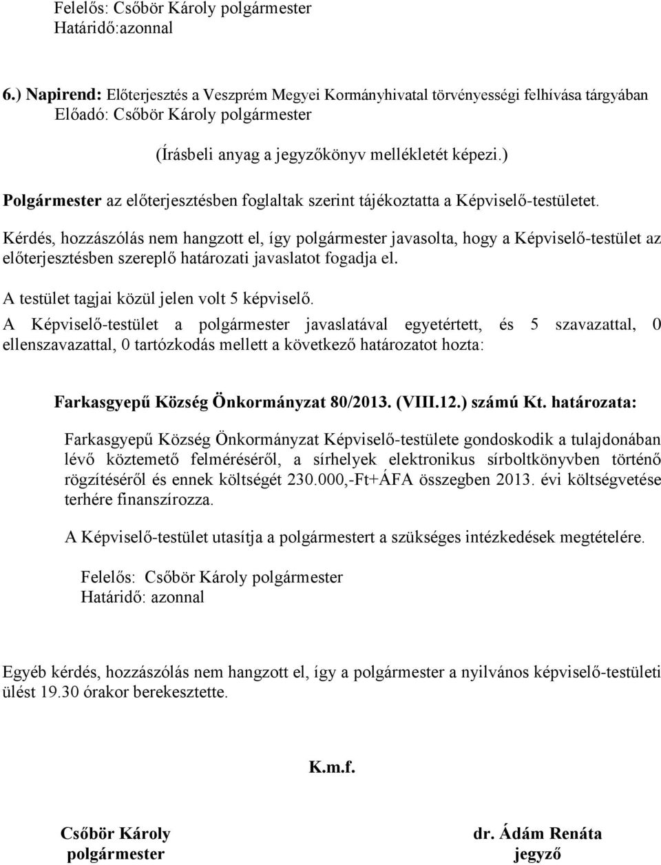 rögzítéséről és ennek költségét 230.000,-Ft+ÁFA összegben 2013. évi költségvetése terhére finanszírozza.