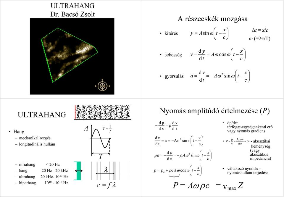 vmax A részecskék mozgása Nyomás amplitúdó értelmezése (P) ULTRAHANG  ULTRAHANG Dr. Bacsó Zsolt c = f λ Δt = x/c ω (=2π/T) x t d 2 kitérés  sebesség - PDF Free Download