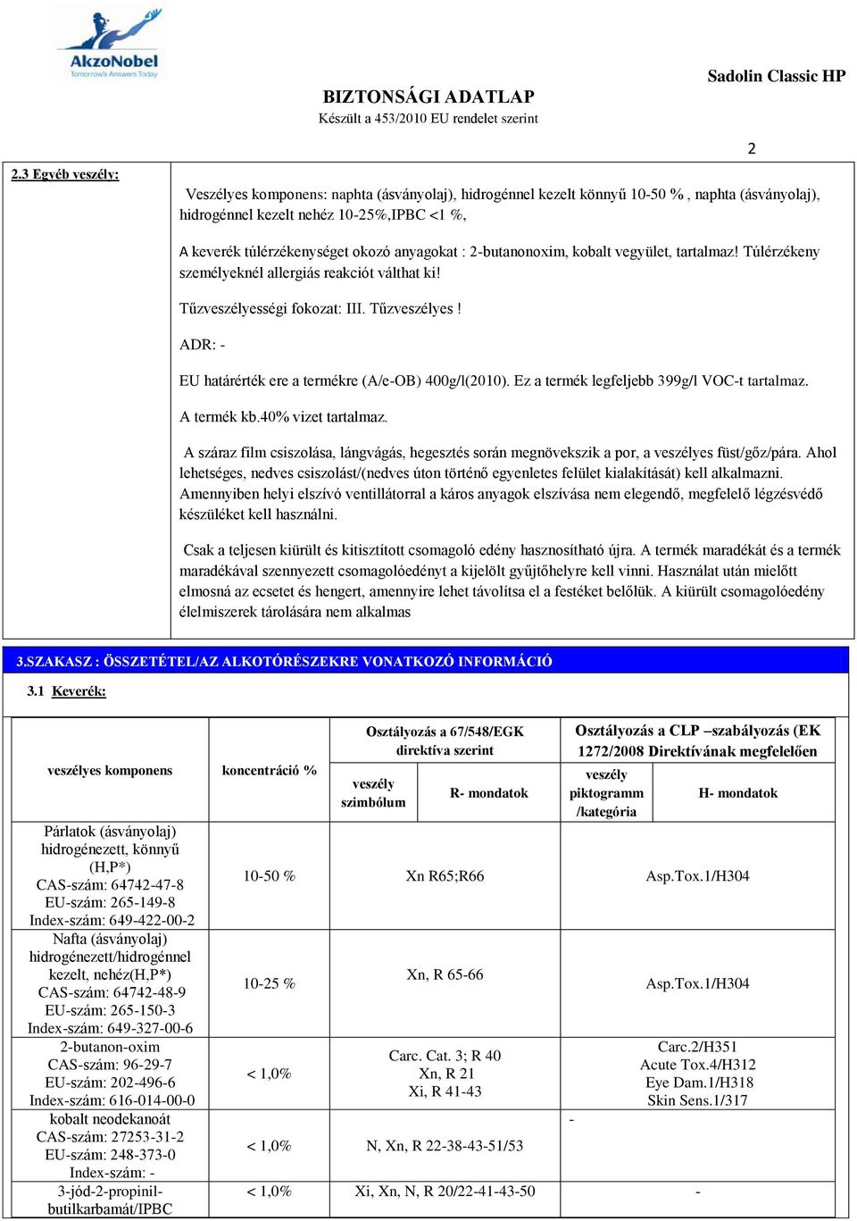 Ez a termék legfeljebb 399g/l VOC-t tartalmaz. A termék kb.40% vizet tartalmaz. A száraz film csiszolása, lángvágás, hegesztés során megnövekszik a por, a veszélyes füst/gőz/pára.