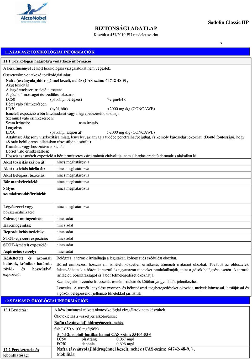 LC50 (patkány, belégzés) >2 gm/l/4 ó Bőrel való érintkezésben: LD50 (nyúl, bőr) >2000 mg /kg (CONCAWE) Ismételt expozíció a bőr kiszáradását vagy megrepedezését okozhatja Szemmel való érintkezésben: