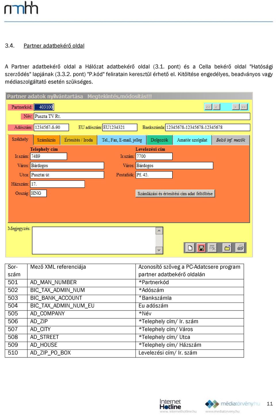 Sorszám Mező XML referenciája Azonosító szöveg a PC-Adatcsere program partner adatbekérő oldalán 501 AD_MAN_NUMBER *Partnerkód 502 BIC_TAX_ADMIN_NUM *Adószám 503