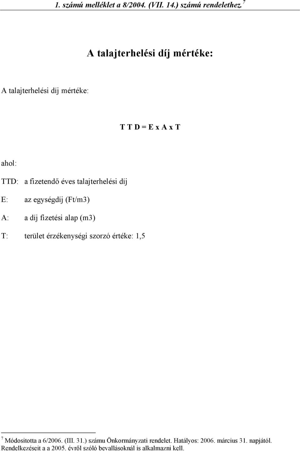 talajterhelési díj E: az egységdíj (Ft/m3) A: a díj fizetési alap (m3) T: terület érzékenységi szorzó értéke: 1,5