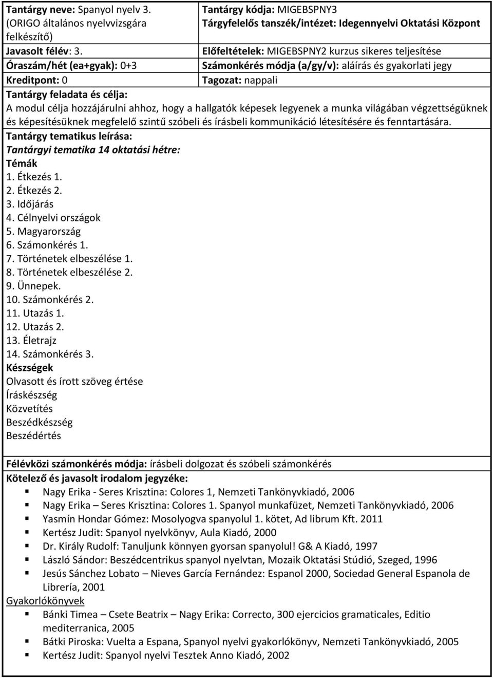 Utazás 2. 13. Életrajz 14. Számonkérés 3. Kötelező és javasolt irodalom jegyzéke: Nagy Erika - Seres Krisztina: Colores 1, Nemzeti Tankönyvkiadó, 2006 Nagy Erika Seres Krisztina: Colores 1.