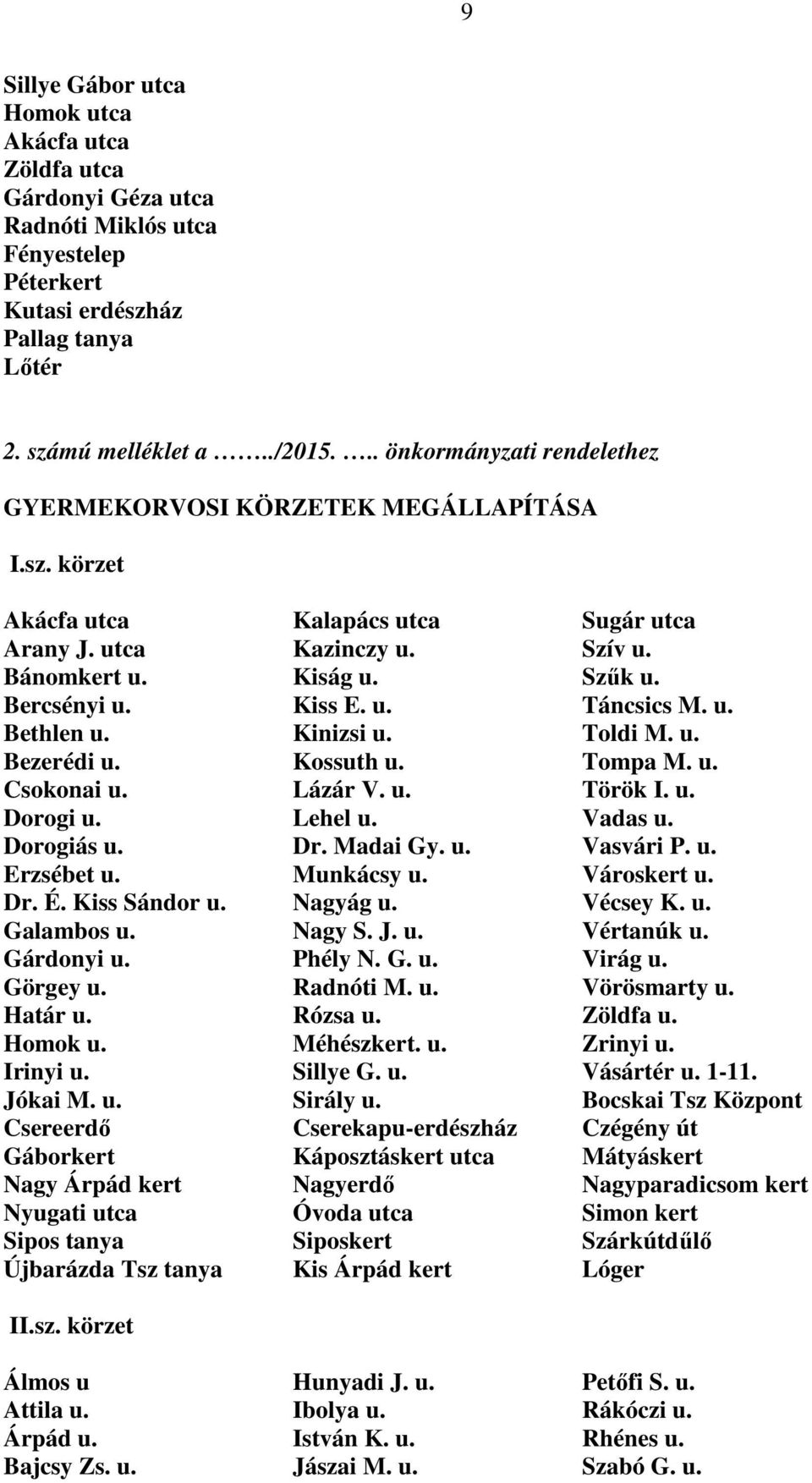 u. Táncsics M. u. Bethlen u. Kinizsi u. Toldi M. u. Bezerédi u. Kossuth u. Tompa M. u. Csokonai u. Lázár V. u. Török I. u. Dorogi u. Lehel u. Vadas u. Dorogiás u. Dr. Madai Gy. u. Vasvári P. u. Erzsébet u.