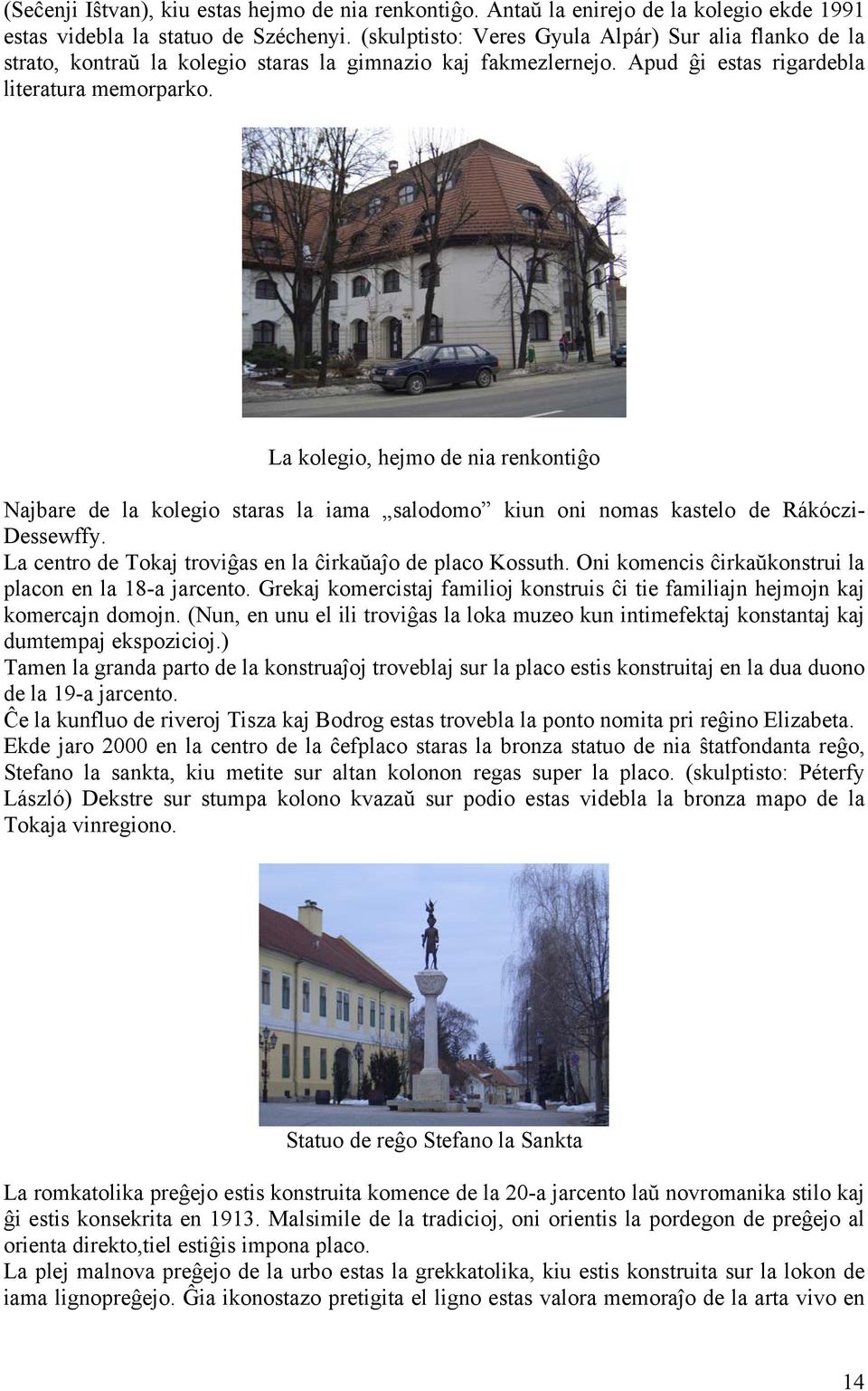 La kolegio, hejmo de nia renkontiĝo Najbare de la kolegio staras la iama salodomo kiun oni nomas kastelo de Rákóczi- Dessewffy. La centro de Tokaj troviĝas en la ĉirkaŭaĵo de placo Kossuth.