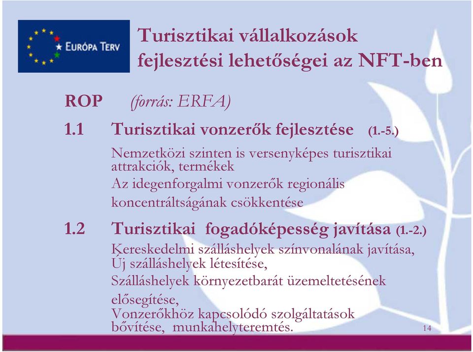 csökkentése 1.2 Turisztikai fogadóképesség javítása (1.-2.