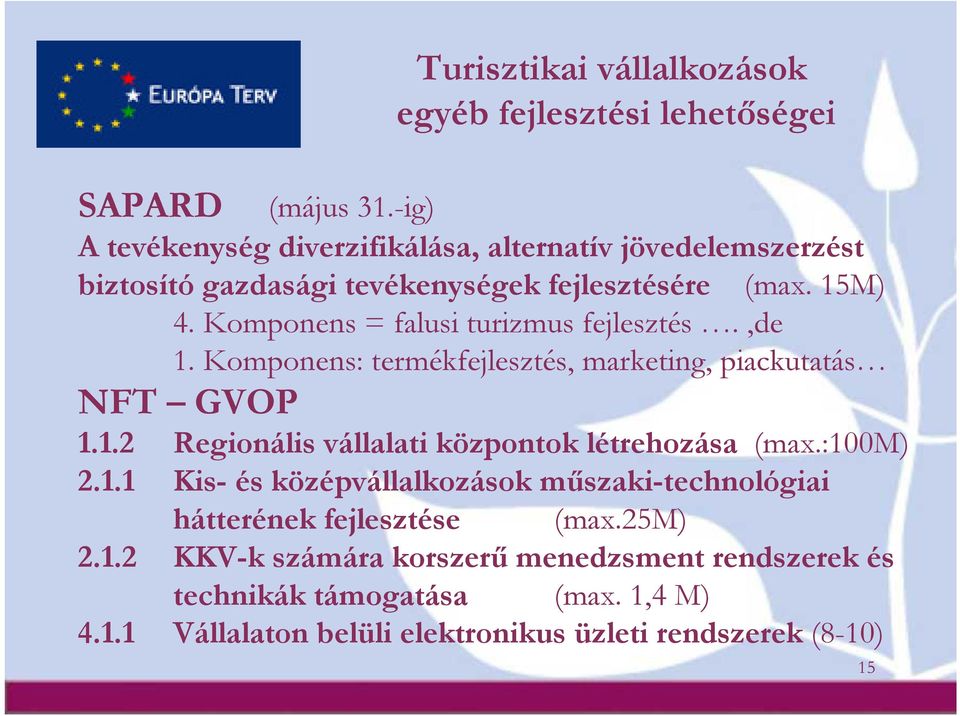 Komponens = falusi turizmus fejlesztés.,de 1. Komponens: termékfejlesztés, marketing, piackutatás NFT GVOP 1.1.2 Regionális vállalati központok létrehozása (max.